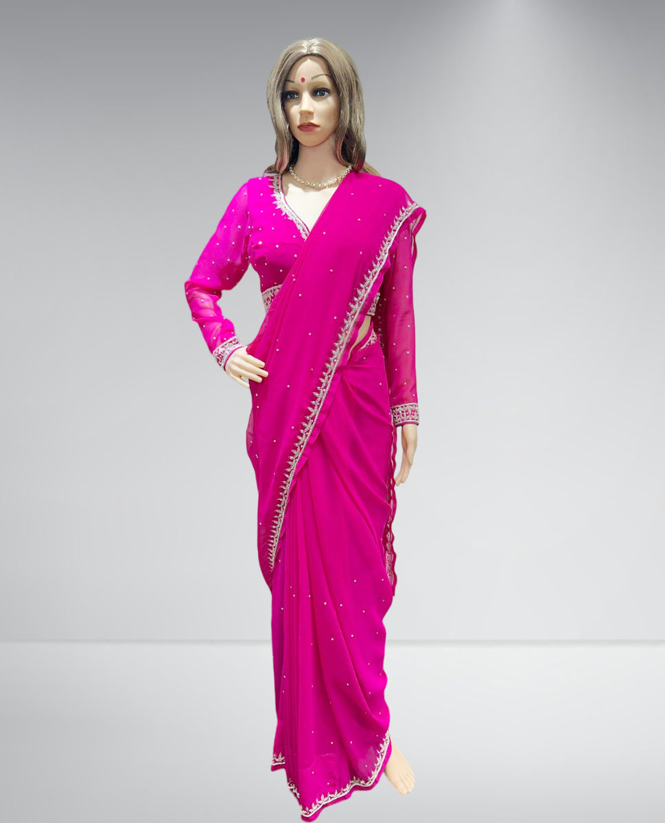 Hand Work Saree Set-Hot Pink